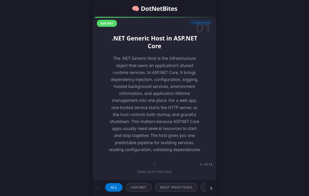 DotNetBites reel-style .NET lesson screen