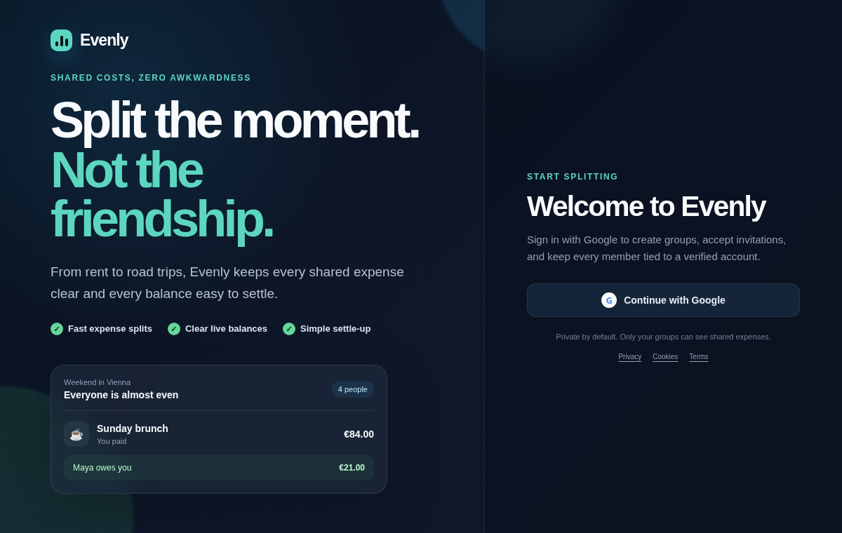 Evenly sign-in and product overview screen